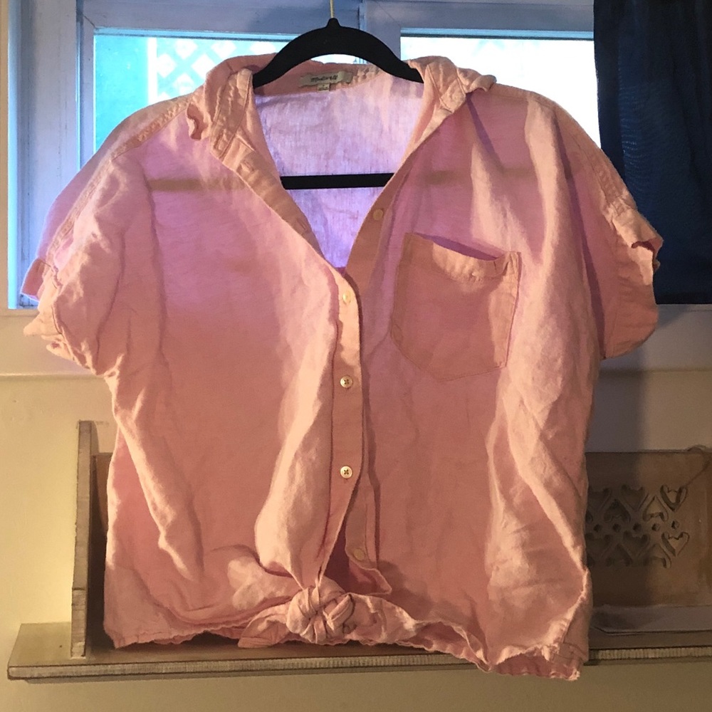 Madewell linen tie front pink top